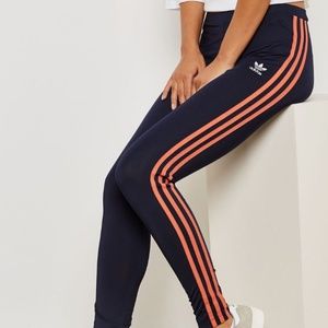 Adidas NEW Active Icons Blue Coral Stripe Workout Leggings Gym Athleisure Small